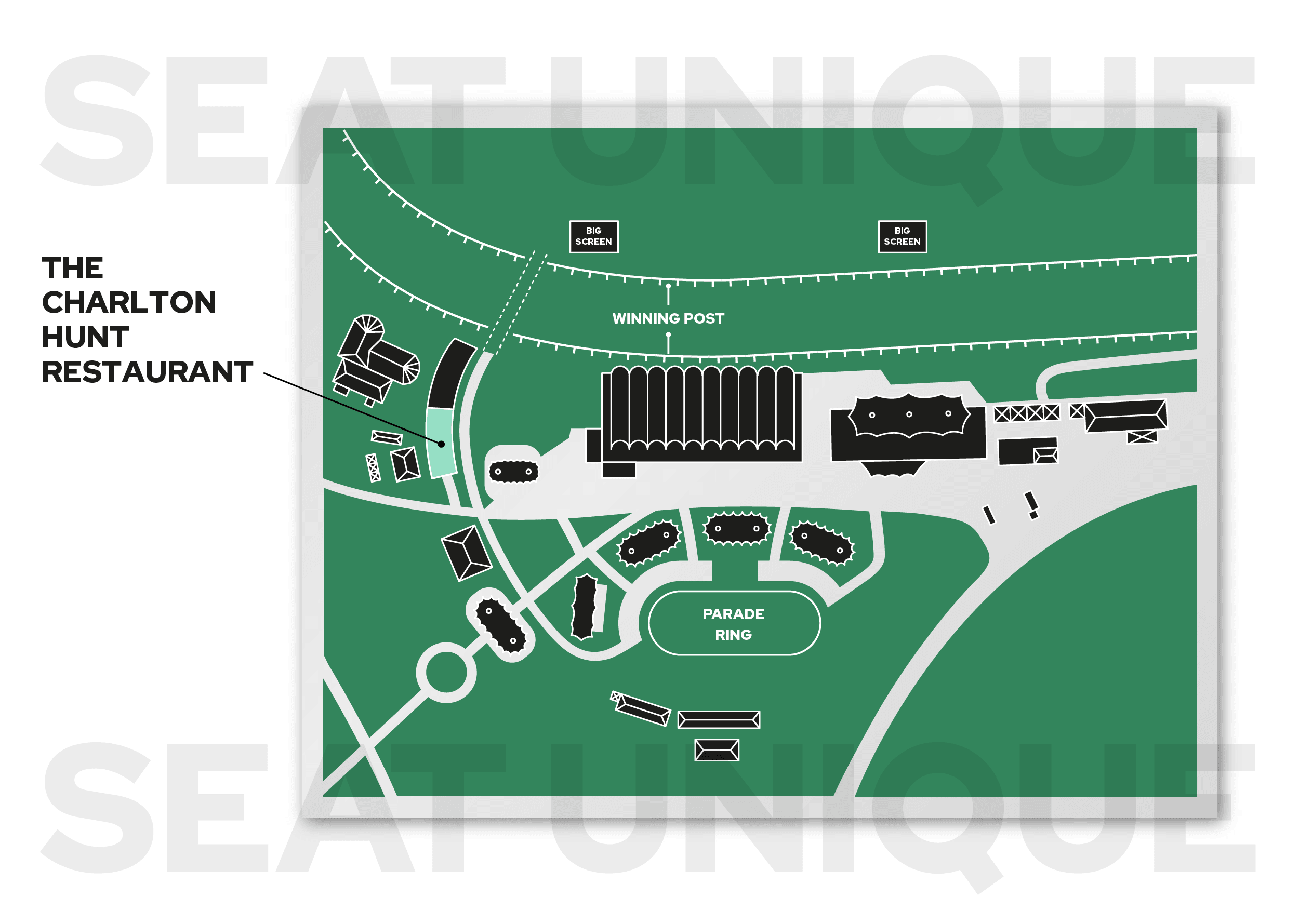 The location of The Charlton Hunt Restaurant on the Qatar Goodwood Festival map