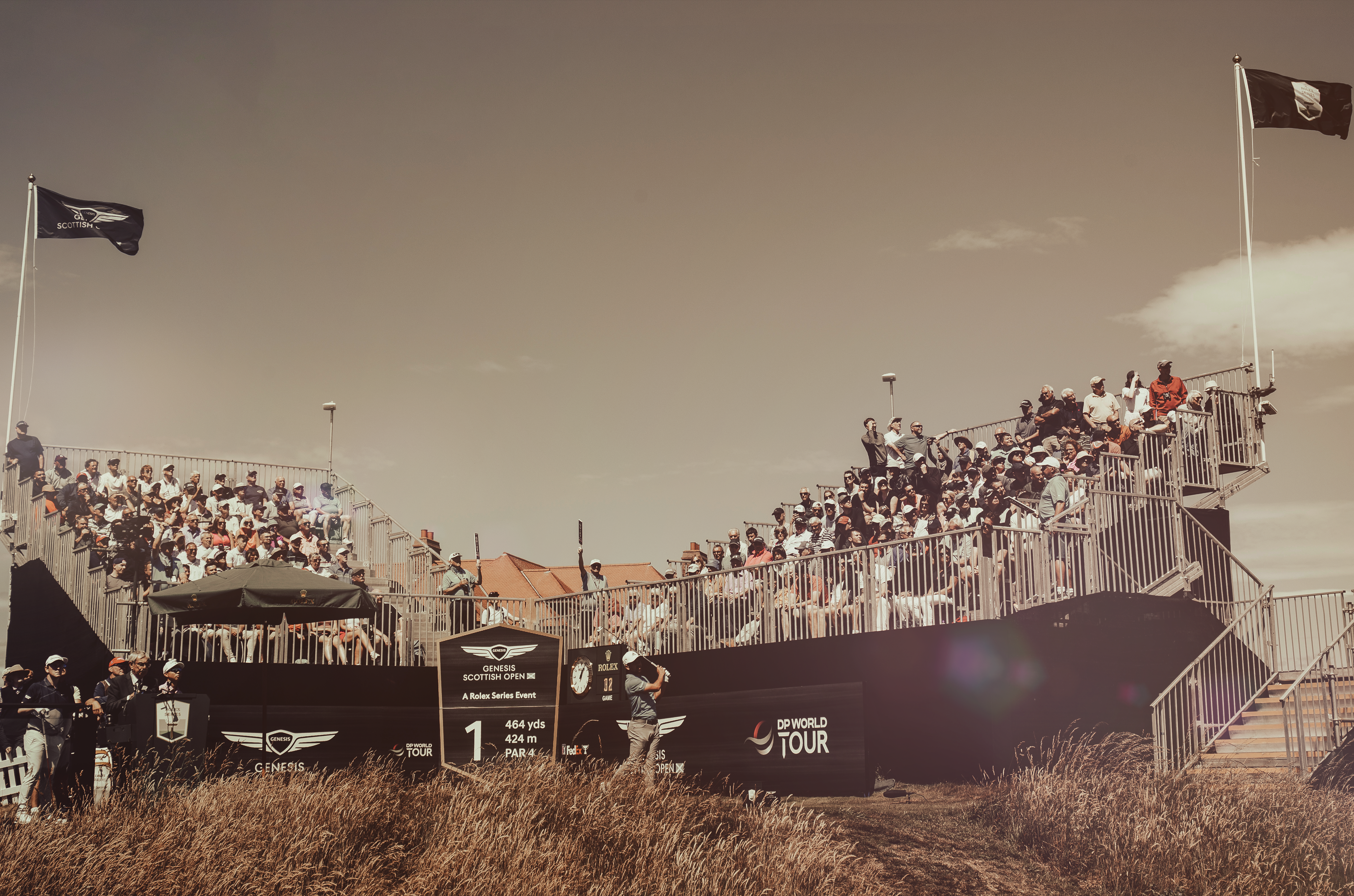 A player teeing off on the first hole at the Genesis Scottish Open