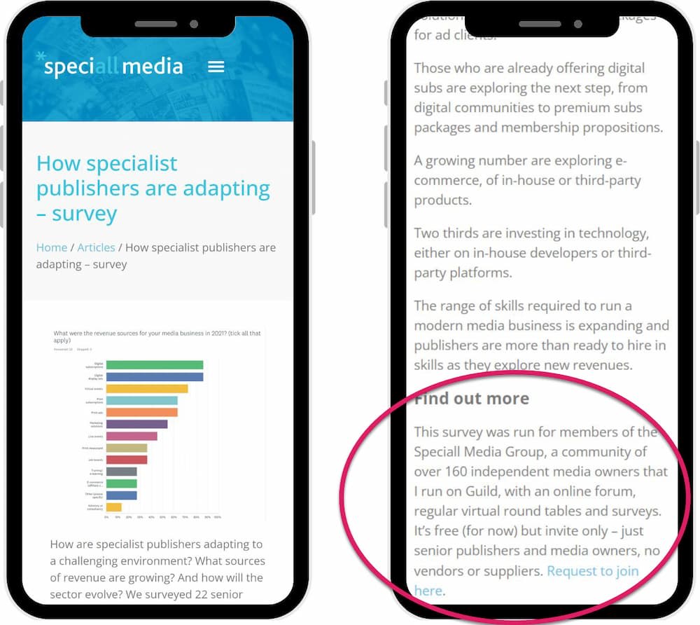 Two mobile phone screens show a blog post about how specialist publishers are adapting to challenging market conditions. Full post on https://speciall.media/2021/11/11/how-specialist-publishers-are-adapting-survey/ 