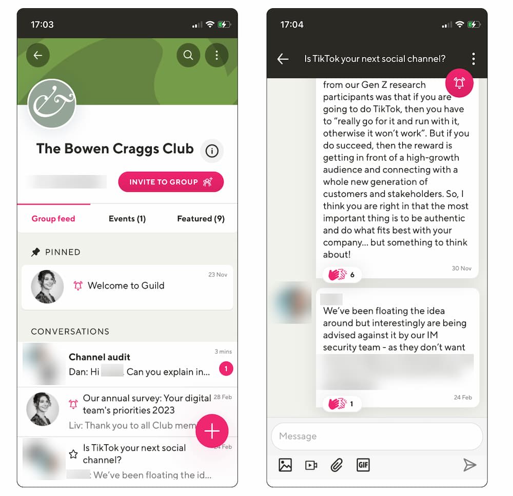 Two screenshots showing the home screen and an example conversation from The Bowen Craggs Club community on Guild