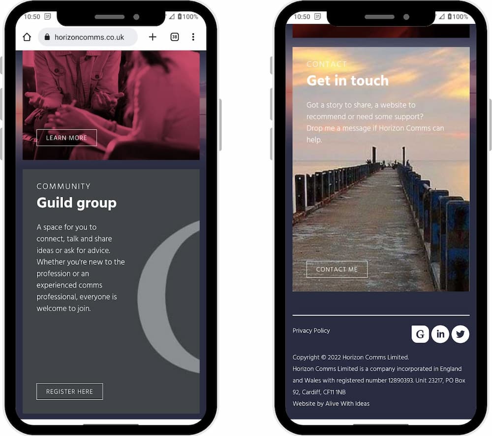 Make sure your community is visible on your website and alongside social media icons. This shows the Horizon Comms website inviting visitors to discover their Guild community