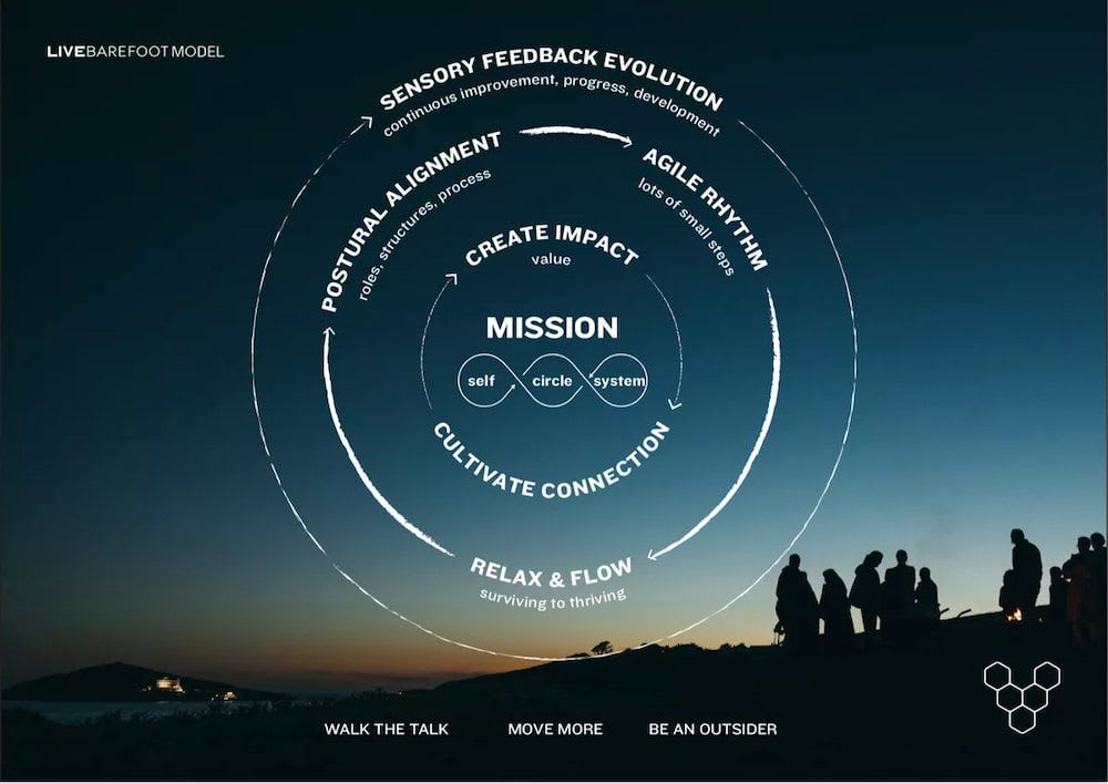 A sunset scene with a diagram overlaid. At the centre, text reads Mission, Self, Circle, System, then Create Impact and Cultivate Connection