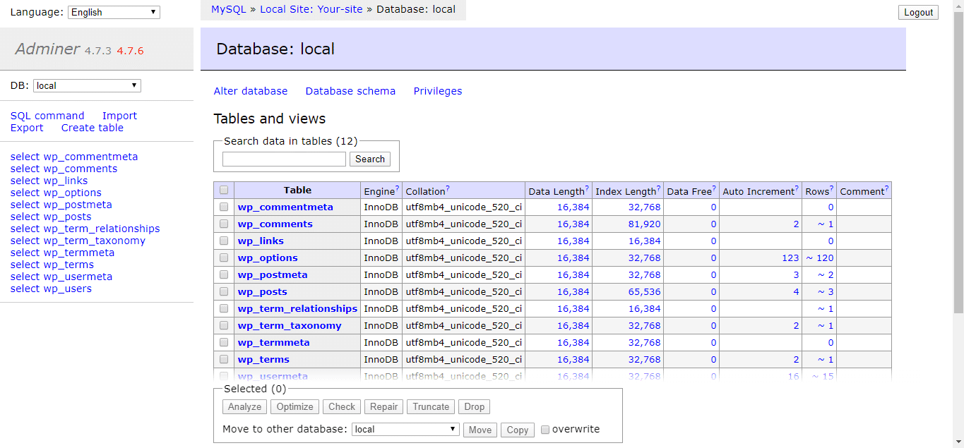 Local wordpress database adminer