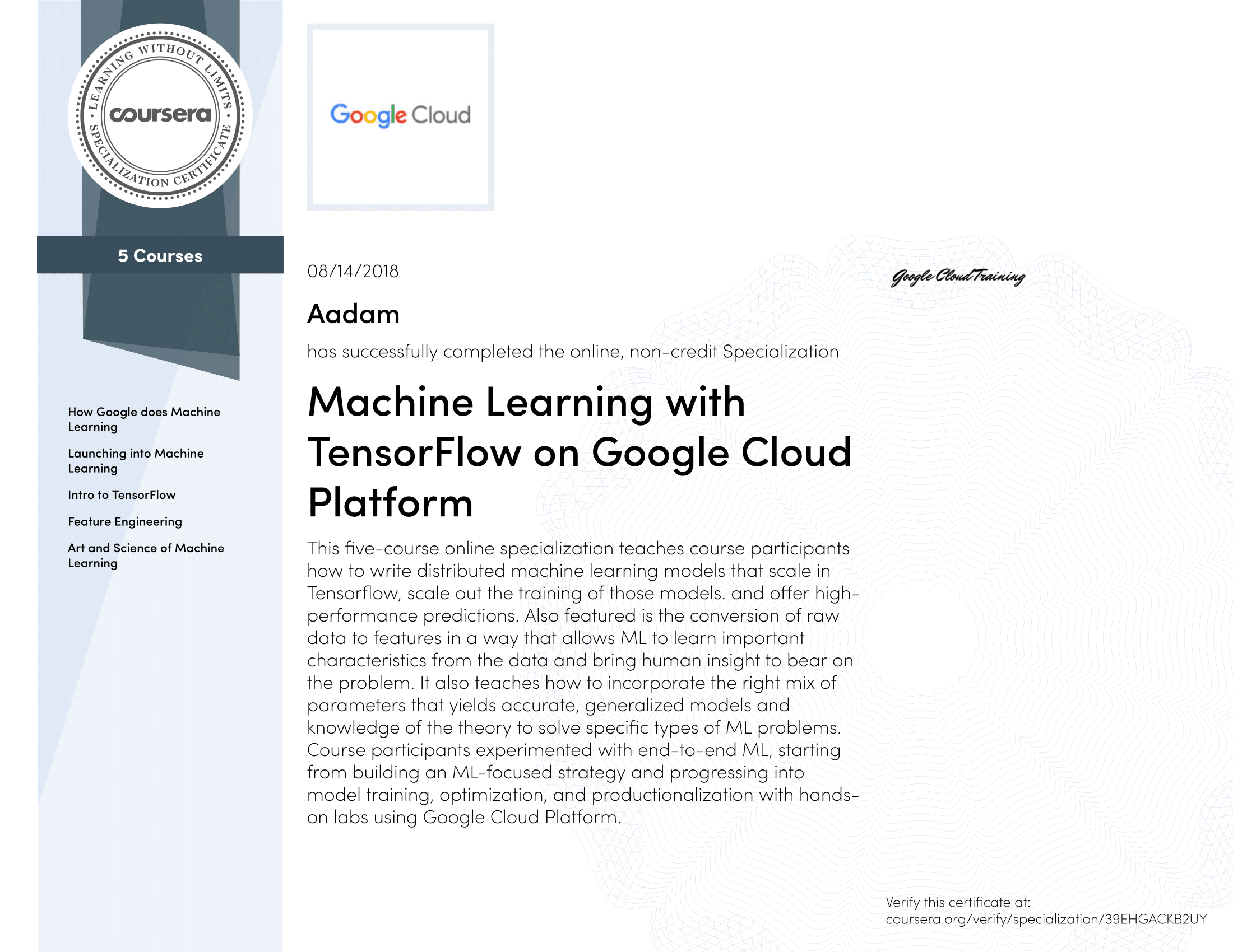 Machine Learning with TesorFlow on Google Cloud Platform Specialization