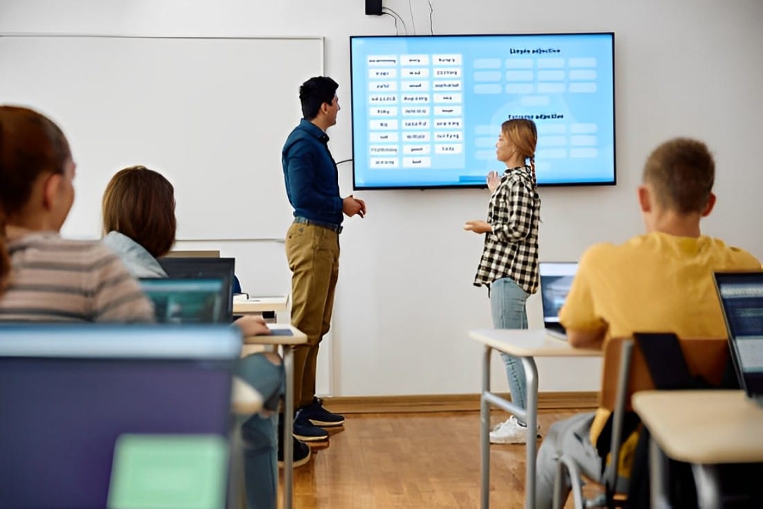High school student and her teacher using smartboard during a lecture in the classroom