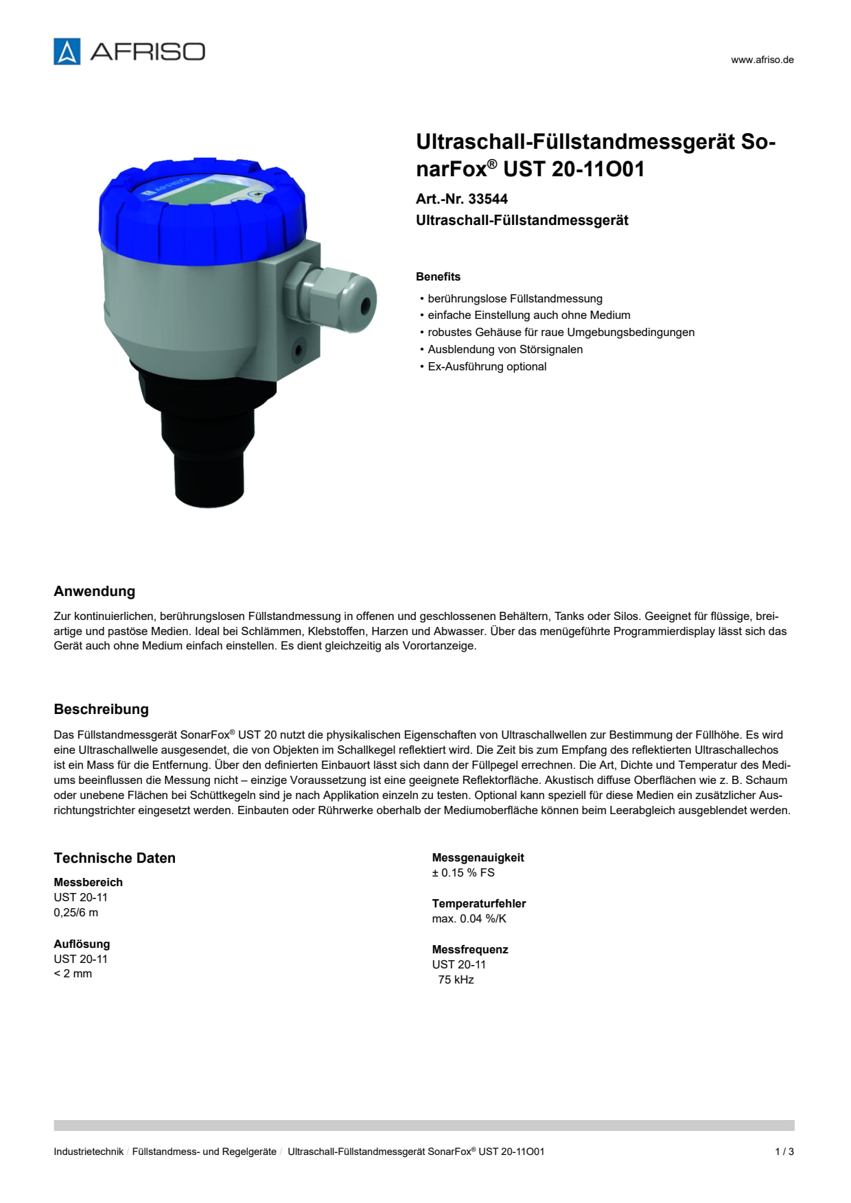 AFRISO_ULTRASCHALL-FUELLSTANDMESSGERAET-SONARFOX--UST-20-11O01-ULTRASCHALL-FUELLSTANDME_33544_DEU_CHE.PDF