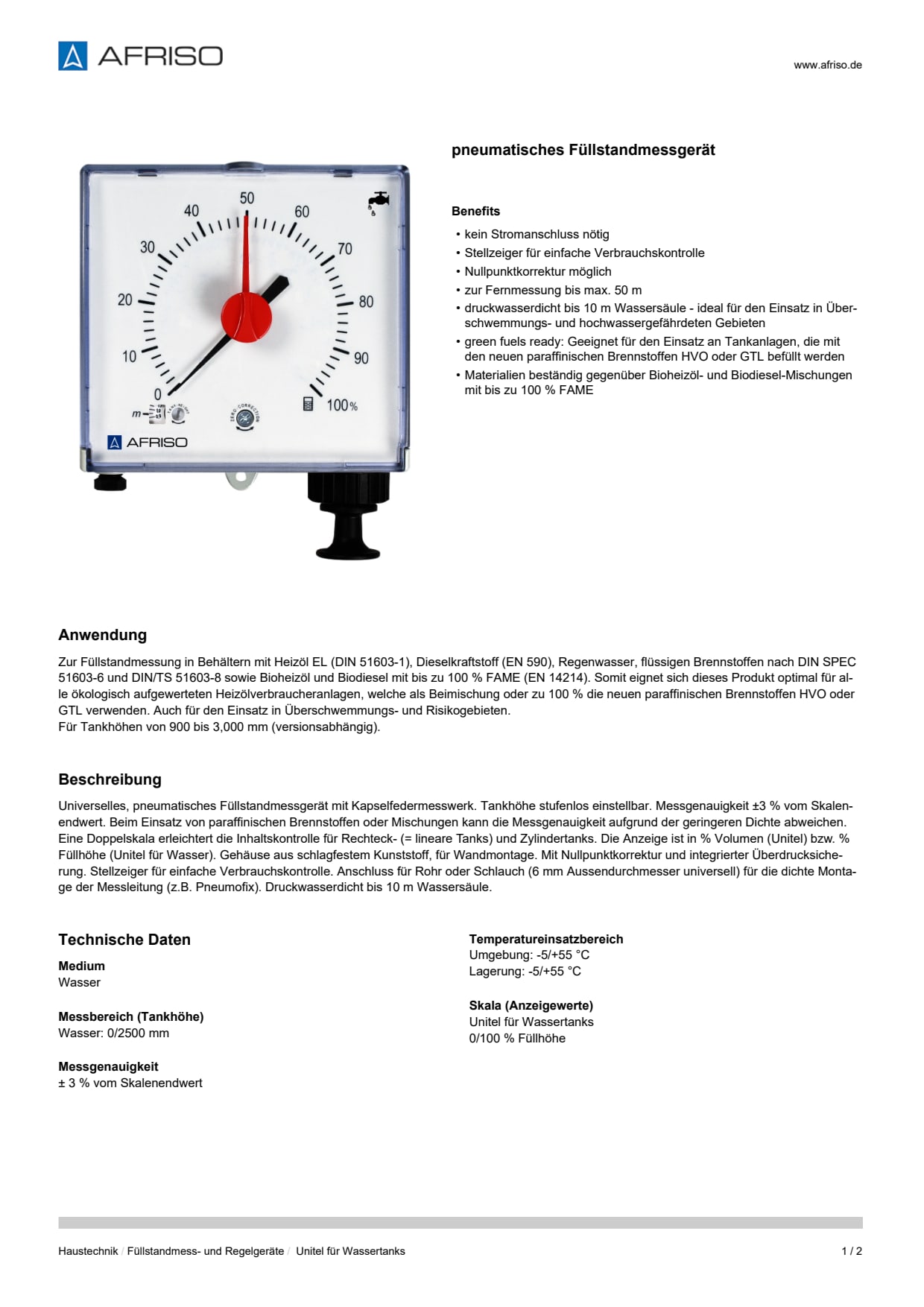 AFRISO_DATENBLATT_PNEUMATISCHES-FUELLSTANDMESSGERAET_UNITEL-FUER-WASSERTANKS_P31056_DEU_CHE.PDF