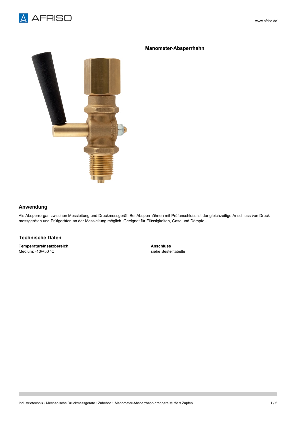 AFRISO_DATENBLATT_MANOMETER-ABSPERRHAHN_MANOMETER-ABSPERRHAHN-DREHBARE-MUFFE-X-ZAPFEN_P27280_DEU_CHE.PDF