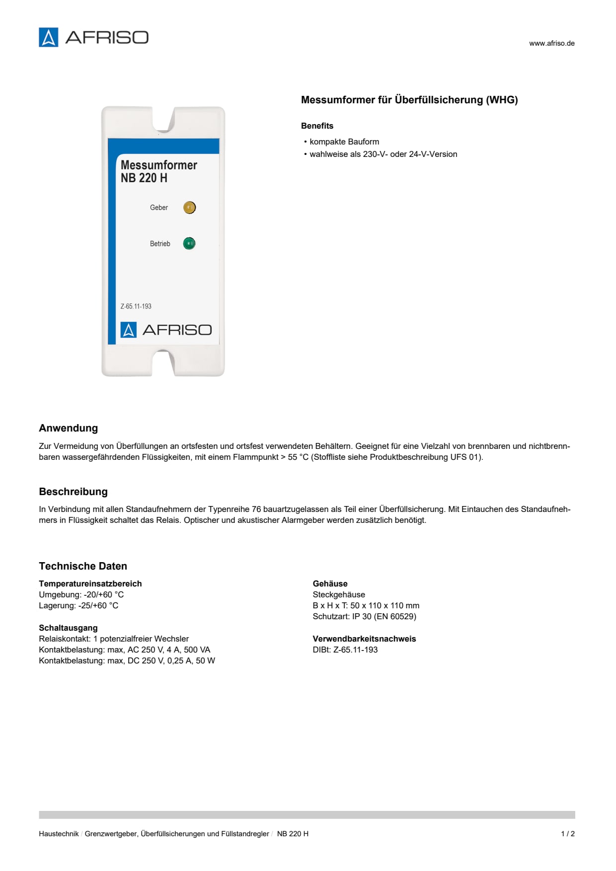 AFRISO_DATENBLATT_MESSUMFORMER-FUER-UEBERFUELLSICHERUNG--WHG-_NB-220-H_P31200_DEU_CHE.PDF