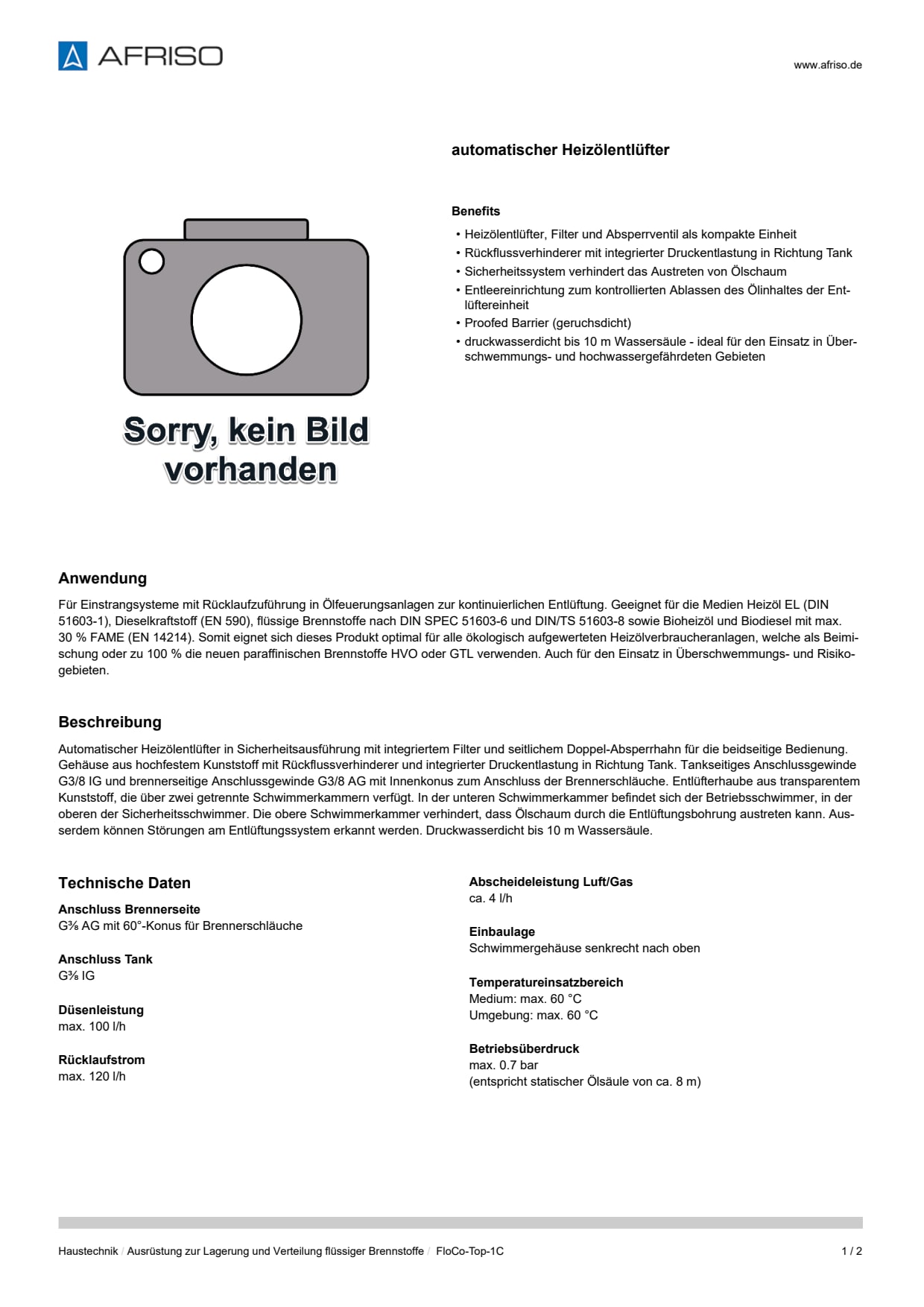AFRISO_DATENBLATT_AUTOMATISCHER-HEIZOELENTLUEFTER_FLOCO-TOP-1C_P60098_DEU_CHE.PDF