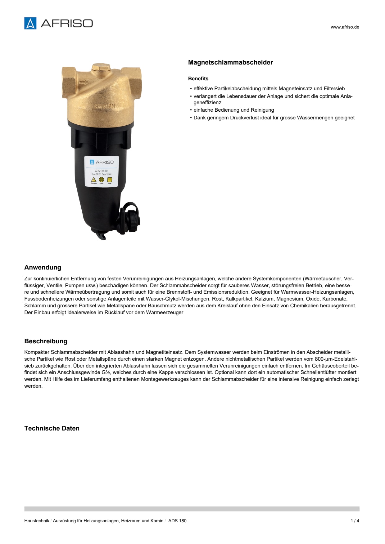 AFRISO_DATENBLATT_MAGNETSCHLAMMABSCHEIDER_ADS-180_P63646_DEU_CHE.PDF