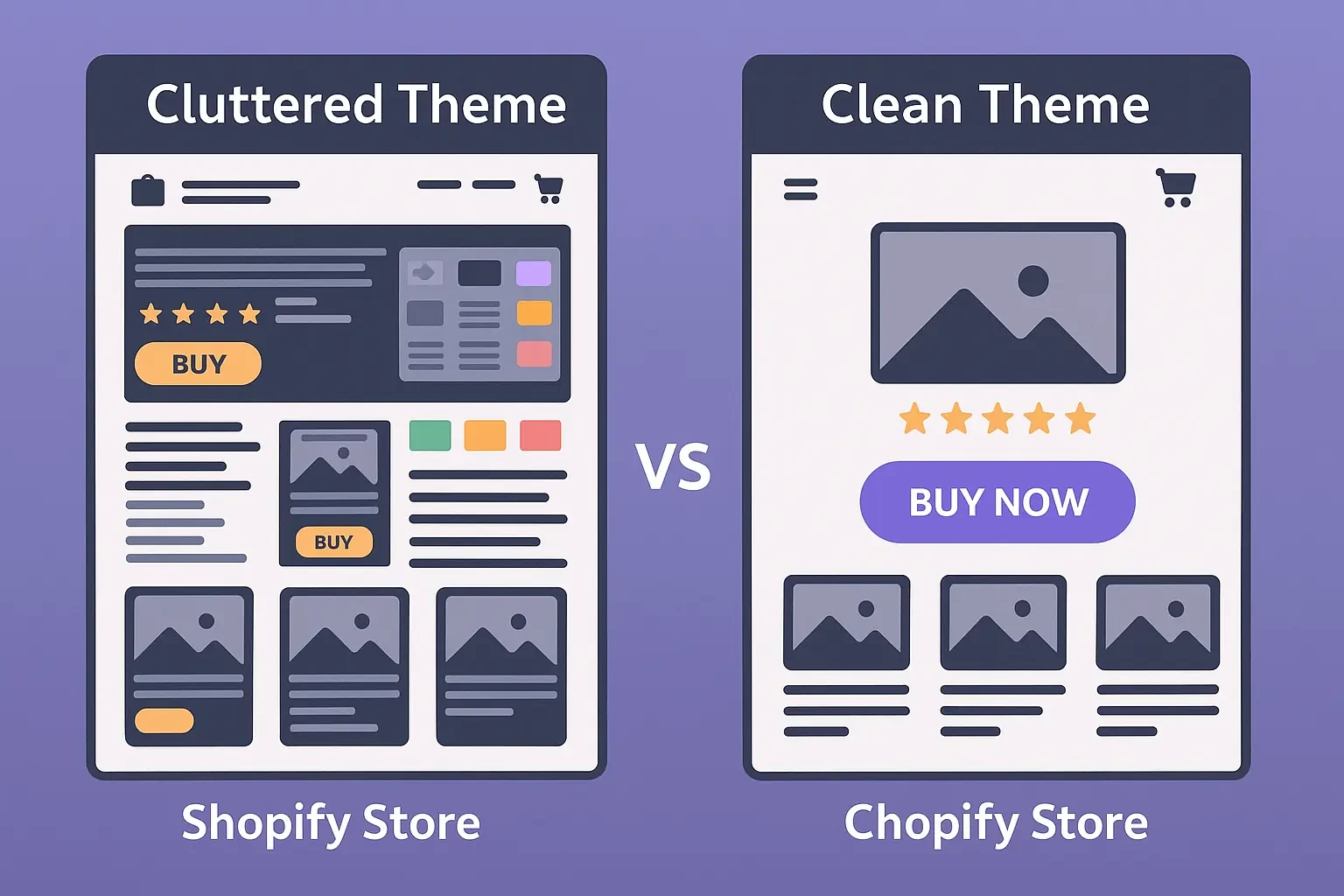 Split comparison showing cluttered Shopify theme with too many elements versus clean, conversion-optimized custom theme