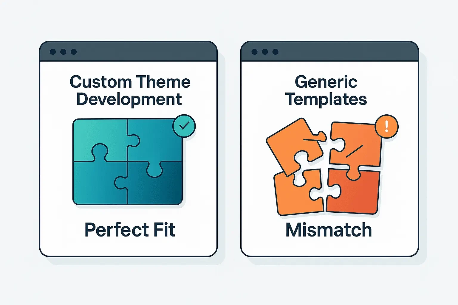 Side-by-side puzzle pieces showing custom theme development as a perfect fit and generic templates as a mismatch.