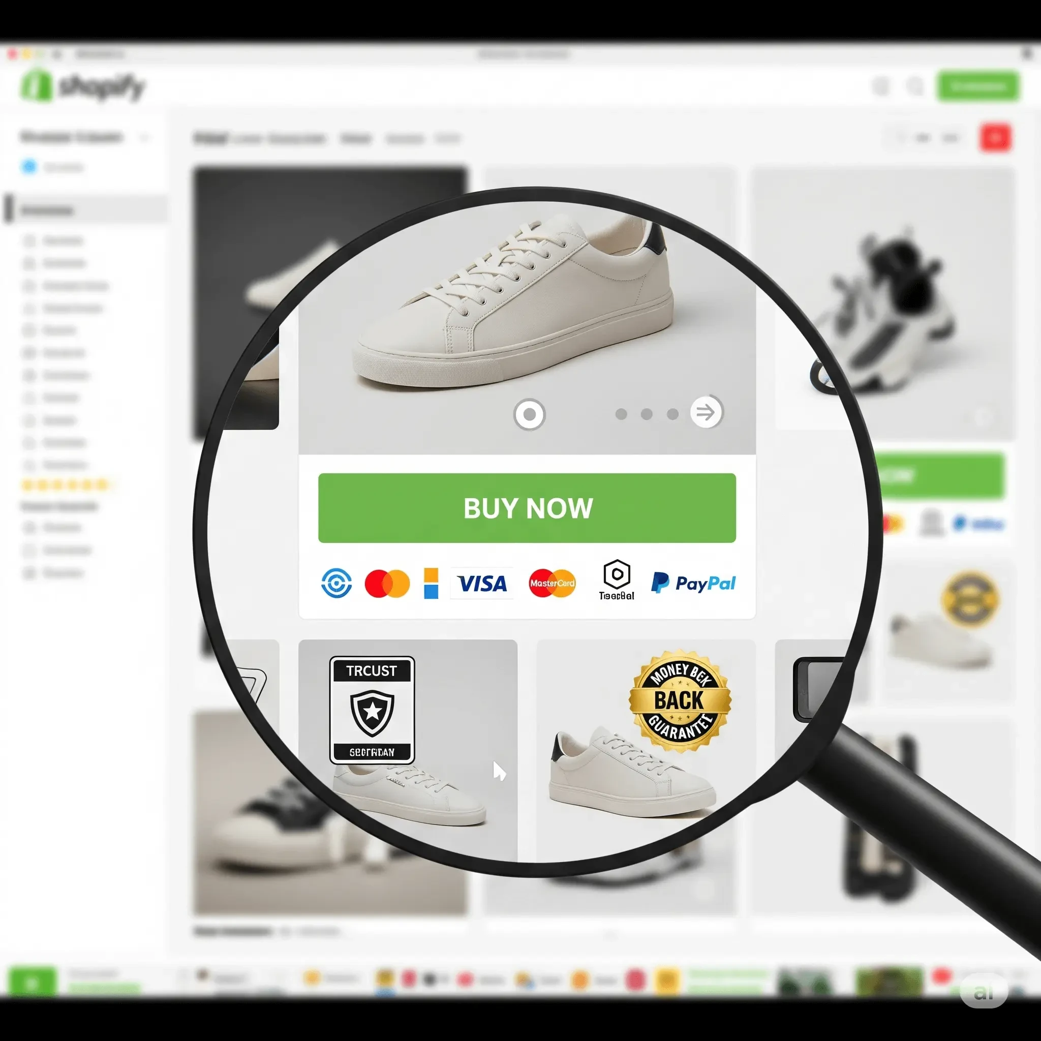 A magnifying glass zooms in on a Shopify theme, showing a glowing “Buy Now” button, trust badges, and fast-loading image areas.