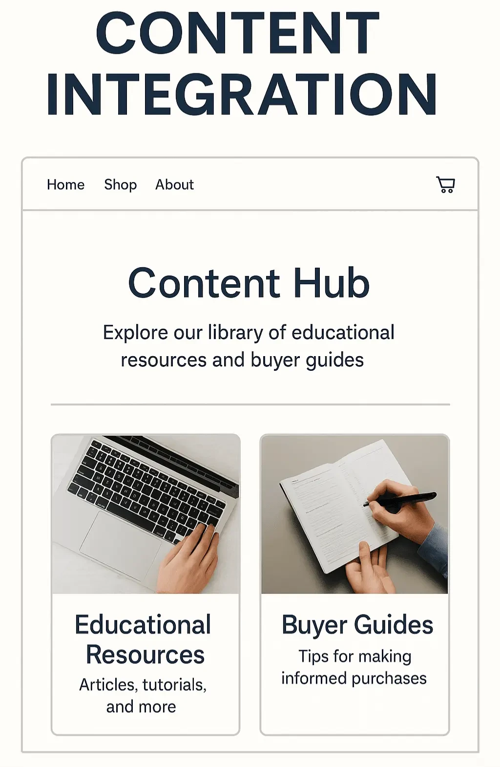 Shopify theme mockup displaying a content hub with sections for educational resources and buyer guides, highlighting exclusive content integration.