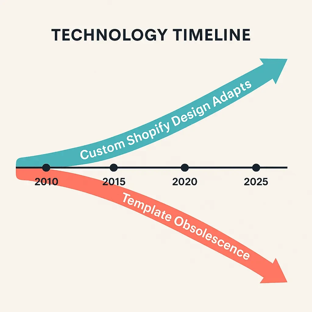 Technology timeline showing custom Shopify design adaptability versus template obsolescence.