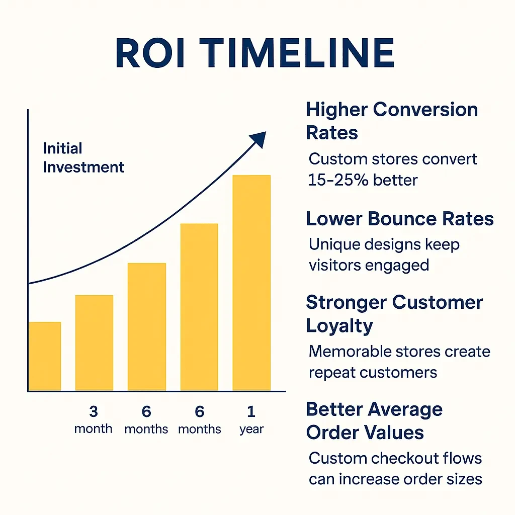 ROI timeline infographic showing custom Shopify design return on investment metrics.