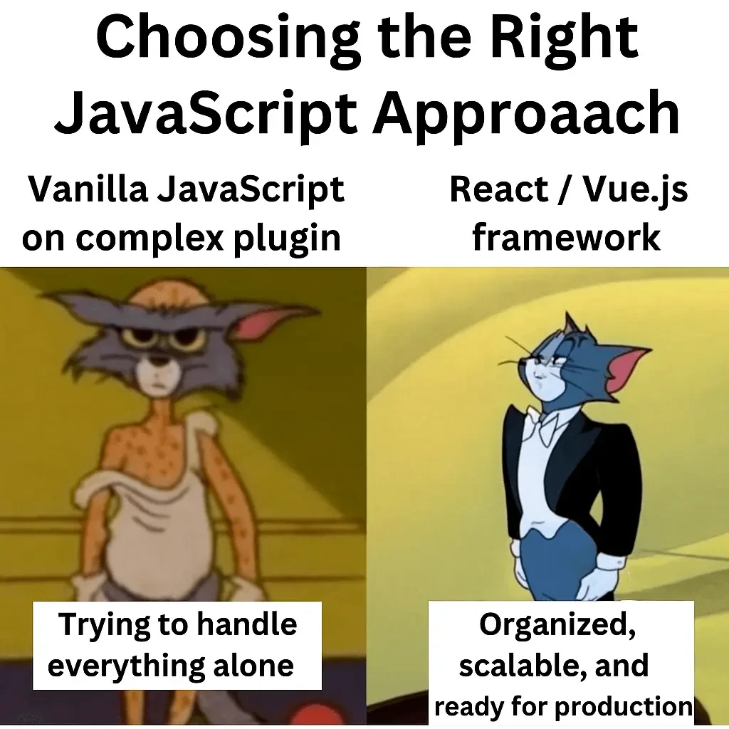 Modern Problems Require Modern Solutions” with a developer choosing JavaScript frameworks for WordPress plugins