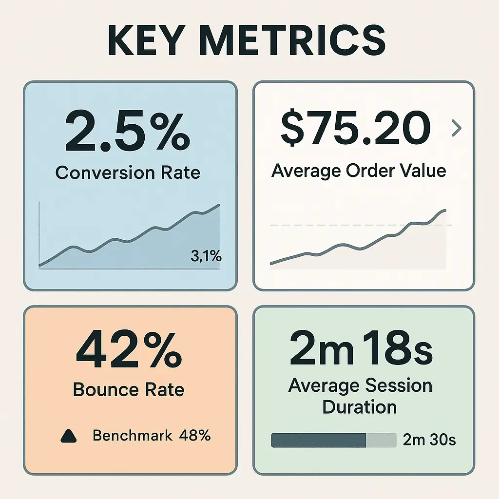 Analytics dashboard displaying conversion rates, average order value, bounce rates, and session duration with industry benchmark indicators.