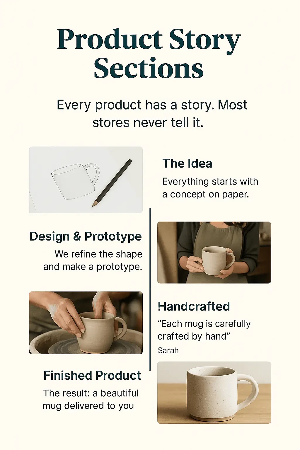 Infographic showing a product story timeline: concept sketch, prototype, handcrafted stage, and finished product delivery.