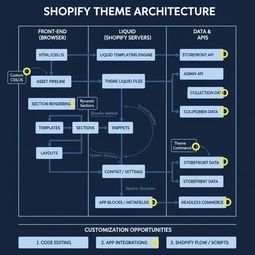 Infographic showing Shopify theme architecture with front-end, Liquid templates, APIs, and customization via code, apps, and scripts.