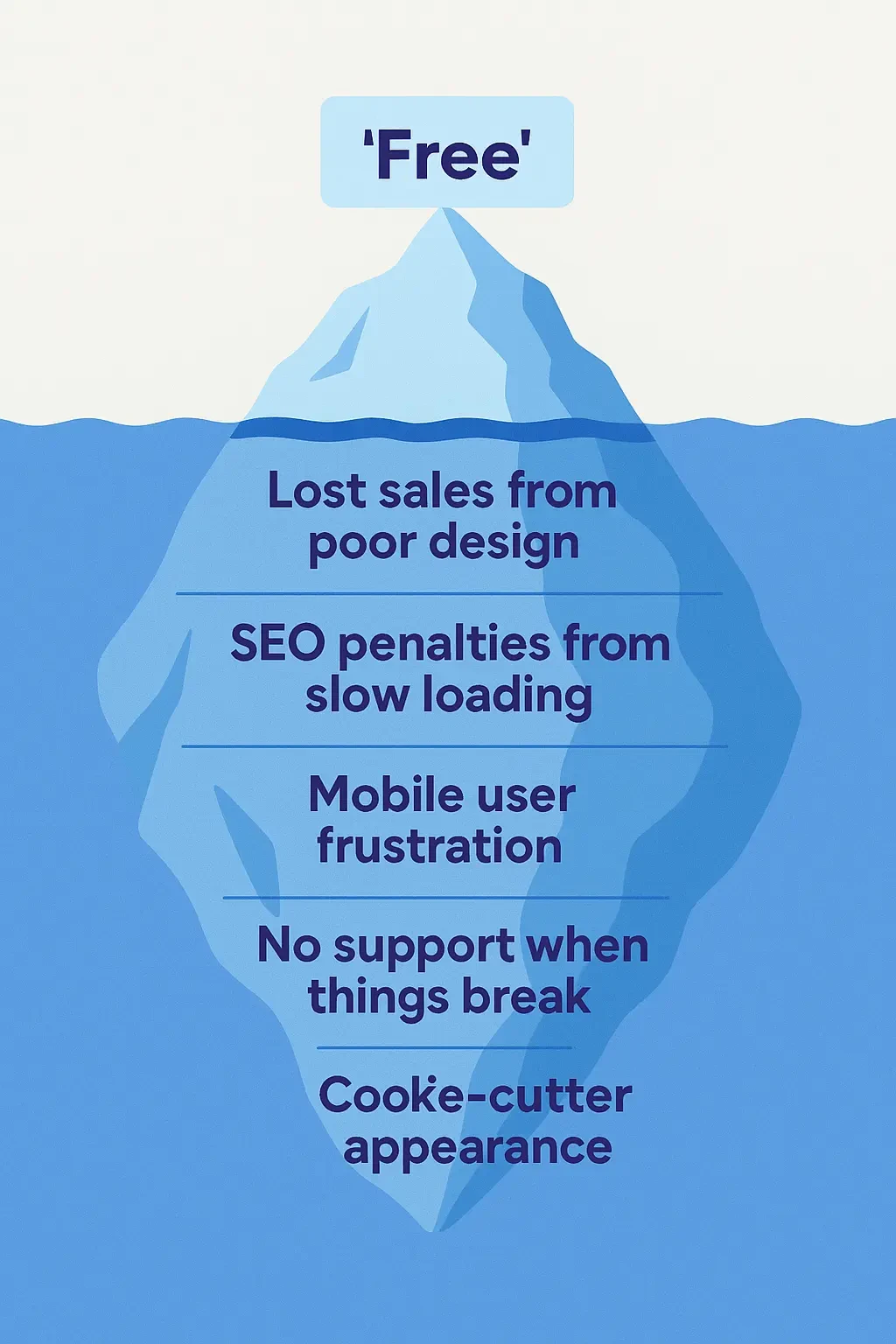 Iceberg illustration showing free theme benefits above water and hidden costs like lost sales below