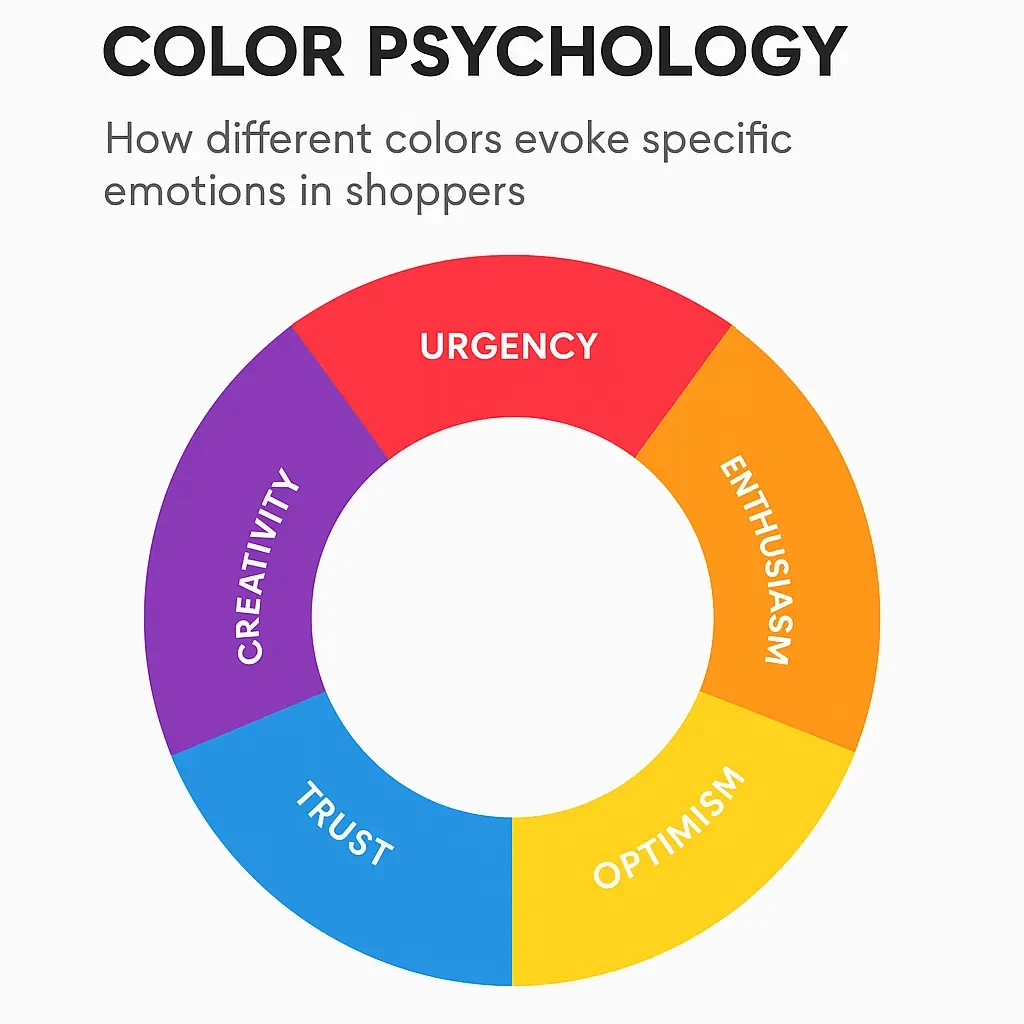 Color psychology wheel displaying how different colors evoke specific emotions in shoppers