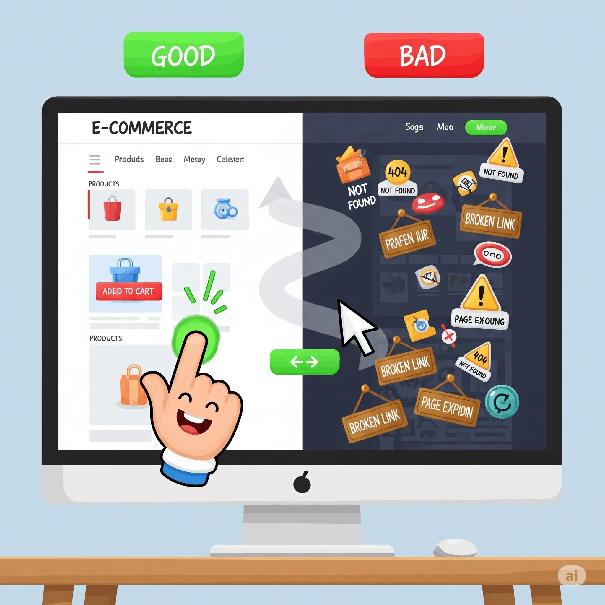 A cartoon-style web interface showing two paths: a blocked dark path and a clear, light path. A shopper walks toward the clean, usable theme layout.