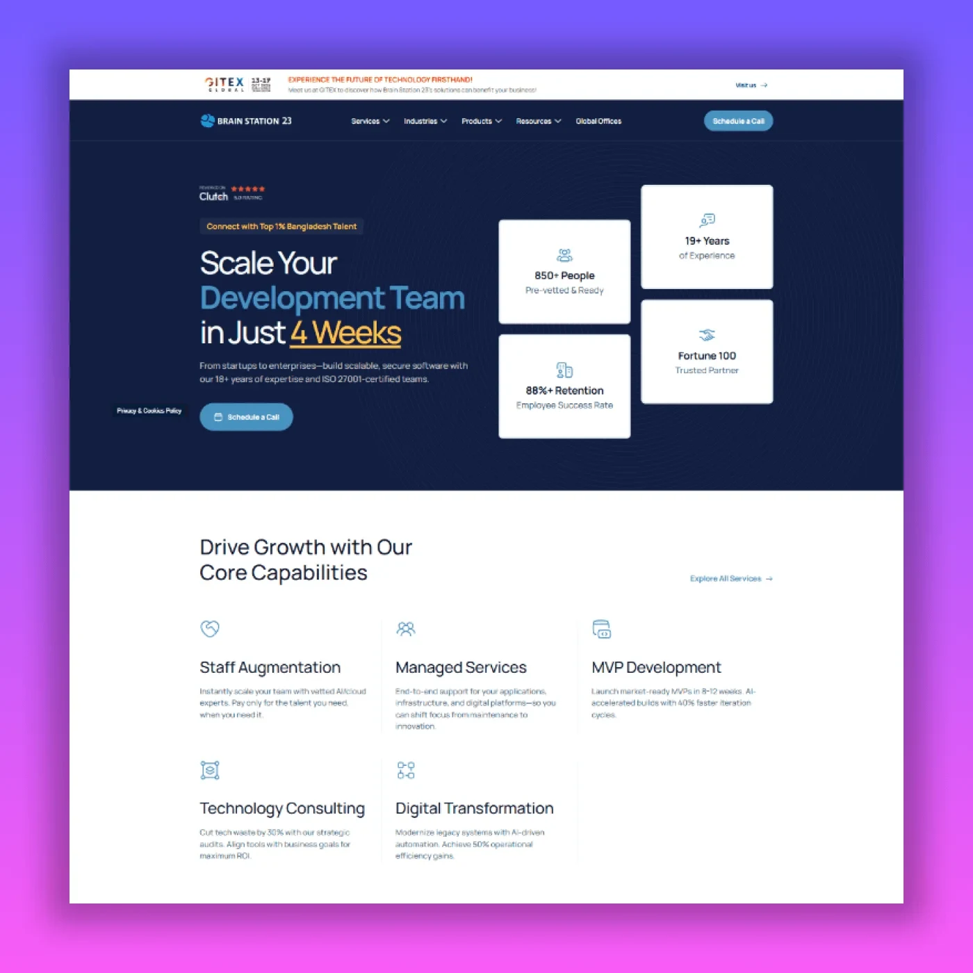 Brain Station 23 homepage showing enterprise software development and team augmentation services Bangladesh with 19 years experience