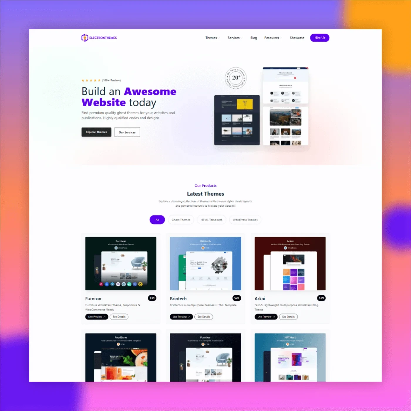 ElectronThemes website displaying their latest themes, including Ghost, HTML, and WordPress options, such as Arkai and Furnixar.