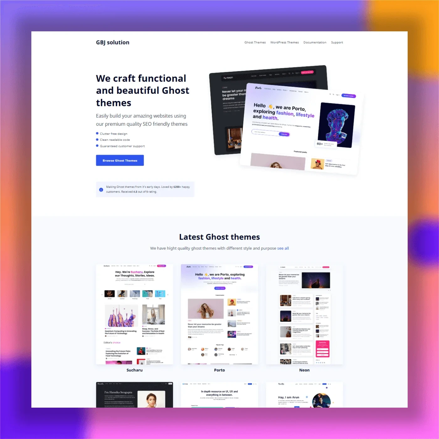 GBJ Solution website showing their latest Ghost themes, including Sucharu, Porto, and Neon, with a focus on clean code.