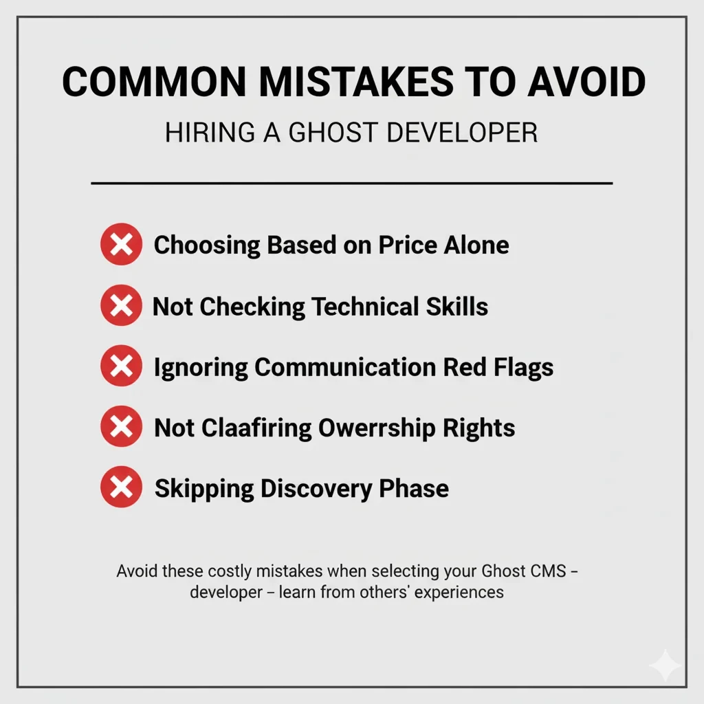 Six common mistakes to avoid when hiring Ghost theme developers including choosing based on price alone and skipping testing