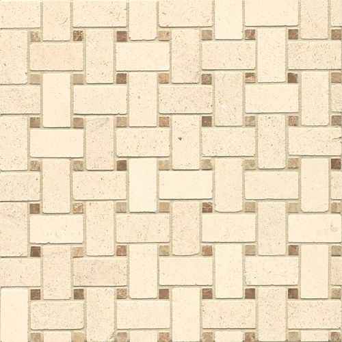 Mod Rocks 1" x 2" Basketweave Honed Limestone Mosaic in Linen with Viburnum Dot