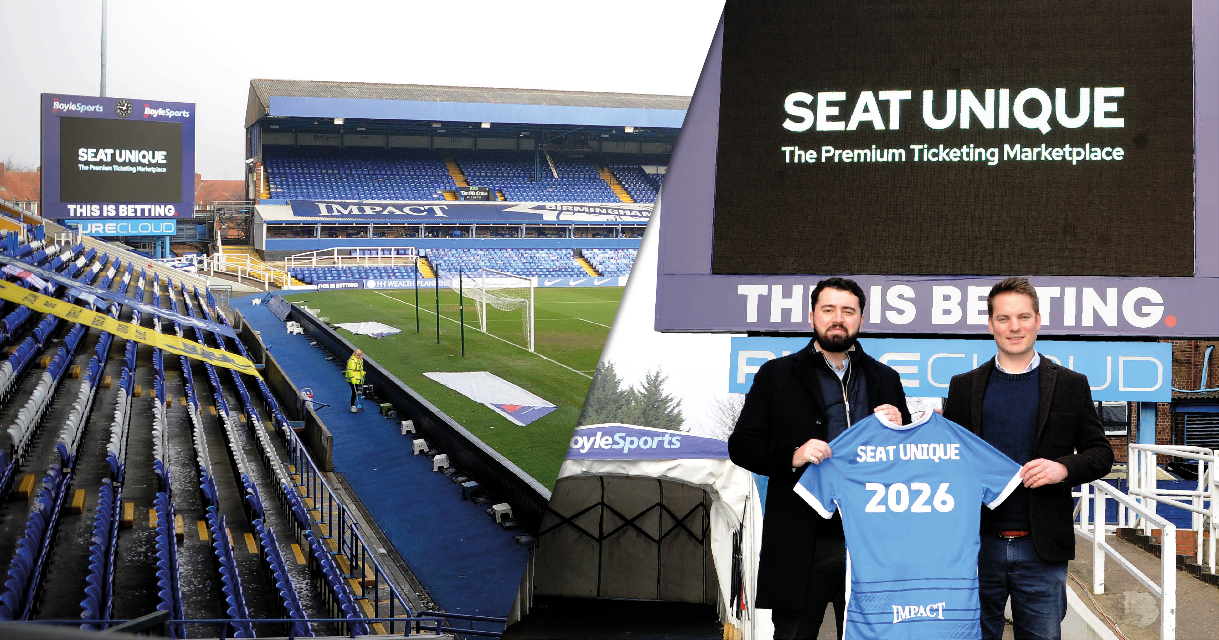 Guy Davis Partnerships Manager and Matt Judge Head of Commercial and Seat Unique holding Birmingham City FC shirt 