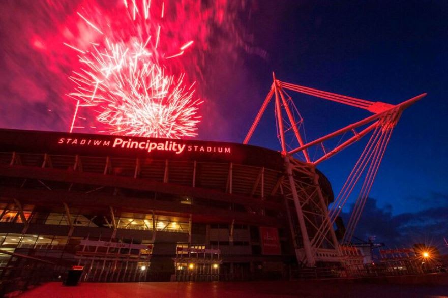 The Principality Stadium lit up at night by fireworks