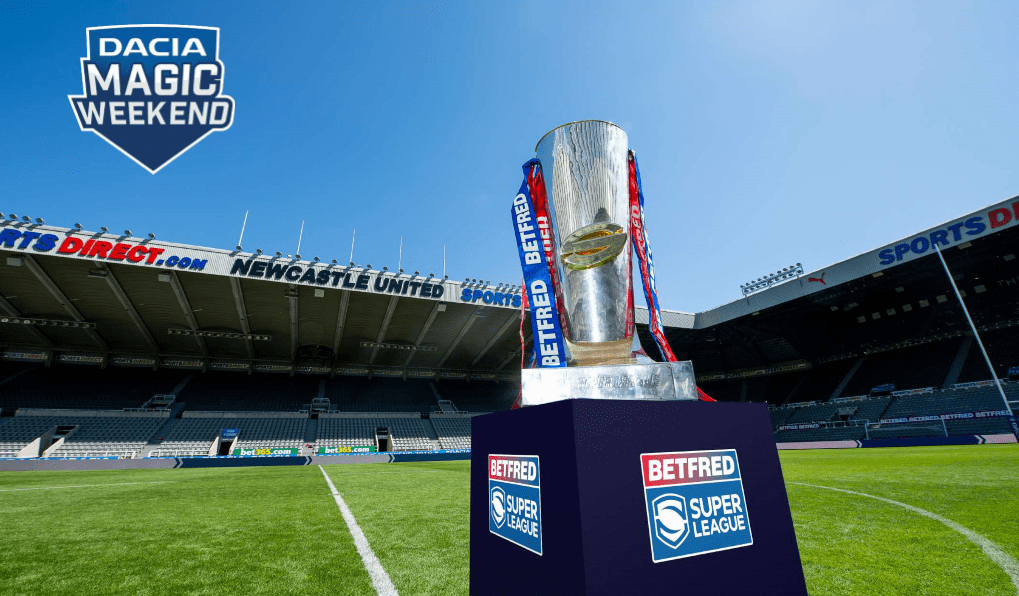 The Betfred Super League trophy on display at St James' Park, site of the 2023 Magic Weekend.