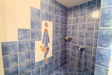 détail de mosaique dans la salle de douche chambre rez de jardin