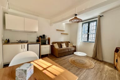 Bright studio with kitchen corner, sofa bed and TV.