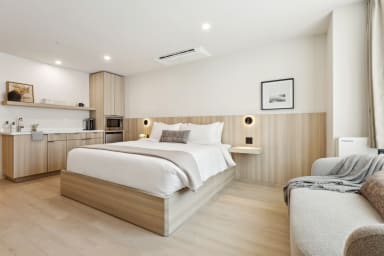 King-size bed, sleeps 2, and Kitchenette with Nespresso and Mini Fridge