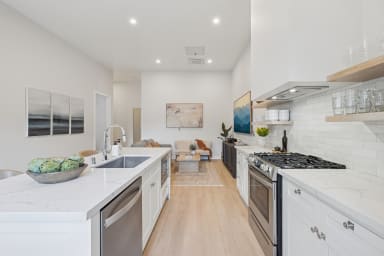 Full kitchen: Nespresso, fridge, stove/oven, plates and utensils, dishwasher