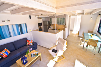 Living room, kitchen, dining table