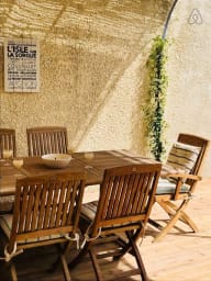 Teak terrace with outside dinning area 