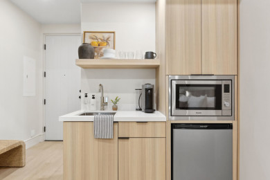Kitchenette: Nespresso, mini-fridge, air-fryer microwave, plates, no stove