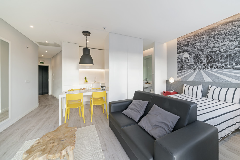 Livingroom and dining area , kitchen and bed