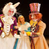 Steve Huison (White Rabbit), Laura Baldwin (Alice) and Ian Adams (Mad Hatter) in Alice in Wonderland