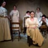Hannah Maddison (centre) as Jane Eyre with her other voices Lily Beck, Helen Keely and Joss Wyre, Rob Pomfret as Mr Rochester and Phillip Honeywell as Brocklehurst