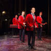 Sam Ferriday as Bob Gaudio, Stephen Webb as Tommy DeVito, Matt Corner as Frankie Valli and Lewis Griffiths as Nick Massi in Jersey Boys at the Regent Theatre, Stoke