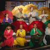 Back: Emily Wigley as Dora, Paul Harwood as Cosmo, Simon Adkins as Don Lockwood and Frankie Jenna as Kathy Seldon Front: Thea Jo Wolfe as Lina Lamont, Vicky Longland as Miss Dinsmore, Will Ferris and Matt Jolly (ensemble) and Nick Barclay as R F Simpson