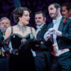 Máire Flavin as Hanna Glawari with her would-be lovers Alex Otterburn as Cascada and Alex Banfield as St Brioche