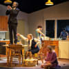 Paul Sandys (Sidney Hopcroft), Graham O'Mara (Ronald Brewster-Wright), Rosanna Miles (Marion Brewster-Wright), Felicity Houlbrooke (Jane Hopcroft) and Helen Keeley (Eva Jackson) in Absurd Person Singular